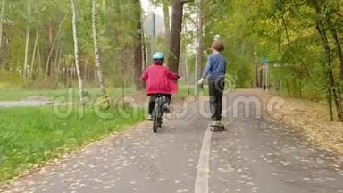 公园儿童骑自行车和滑板的后景